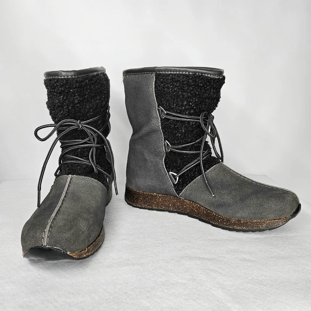 Sporto Size 8 Booties Grey Suede Leather Faux Sherpa Lined Cork Rubber Snow